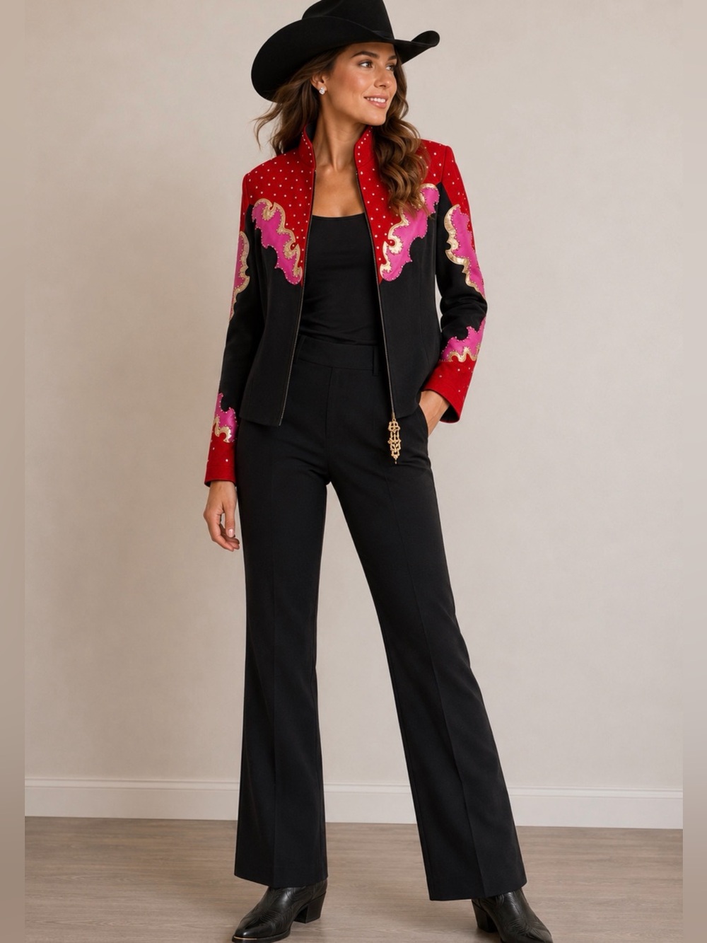 Western Show 3 pc set Black Wide-Leg Pants with Red Pink black long sleeve top